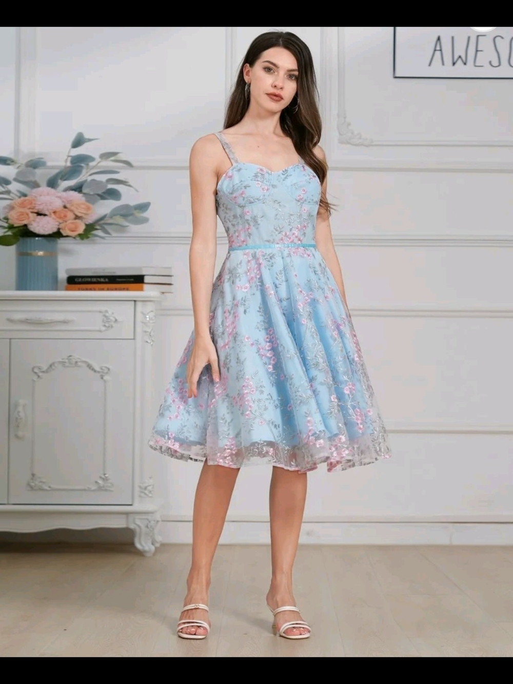 Light Blue Floral A-Line Dress with Sweetheart Neckline